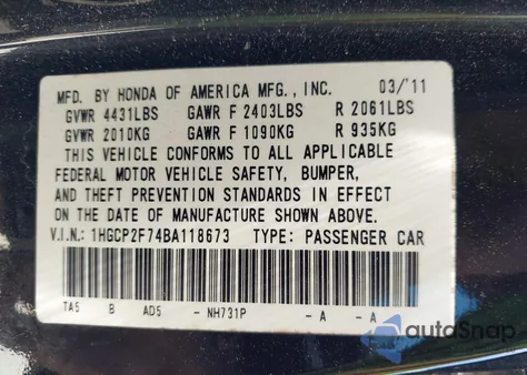 2011 Honda Accord 2.4 Ex z USA, uszkodzony, nr VIN 1HGCP2F74BA118673